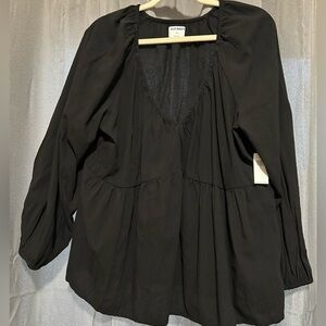 Black V-Neck Peplum Puff-Sleeve Blouse